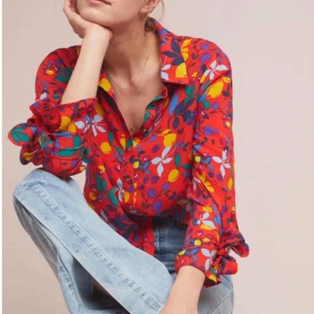 Maeve Anthropologie Blithe Button-Down Blouse Women’s 4 Red Motif